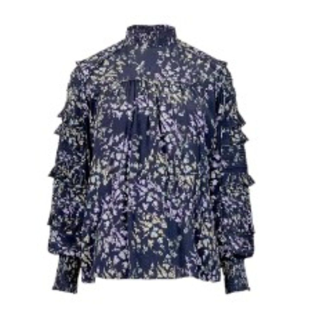 French Connection Birgin Colette Crepe Pleated Top Utility Blue Multi Medium NWT